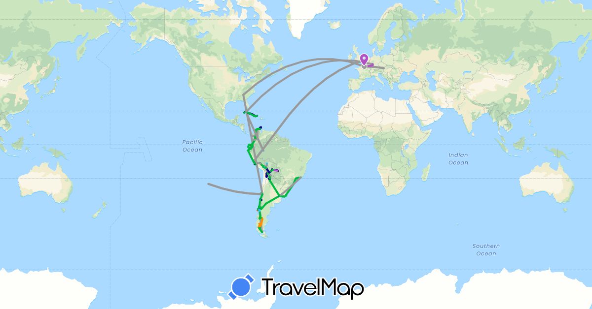 TravelMap itinerary: driving, bus, plane, cycling, train, hiking, boat, hitchhiking in Argentina, Austria, Bolivia, Brazil, Chile, Colombia, Cuba, Germany, Ecuador, France, Netherlands, Peru, United States, Uruguay (Europe, North America, South America)
